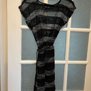 Aimei Black & Gray Striped Knit Midi Dress with Tie Belt